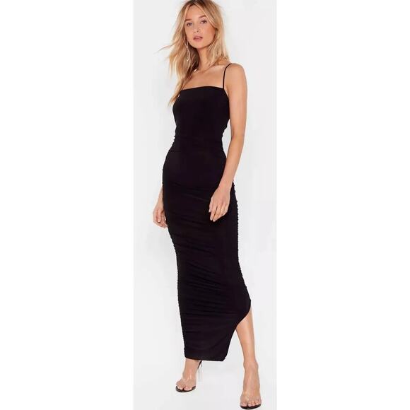 Nasty Gal Sexy Black Only Fools Ruche In Maxi Side-Ruched Dress 2 - Picture 1 of 8